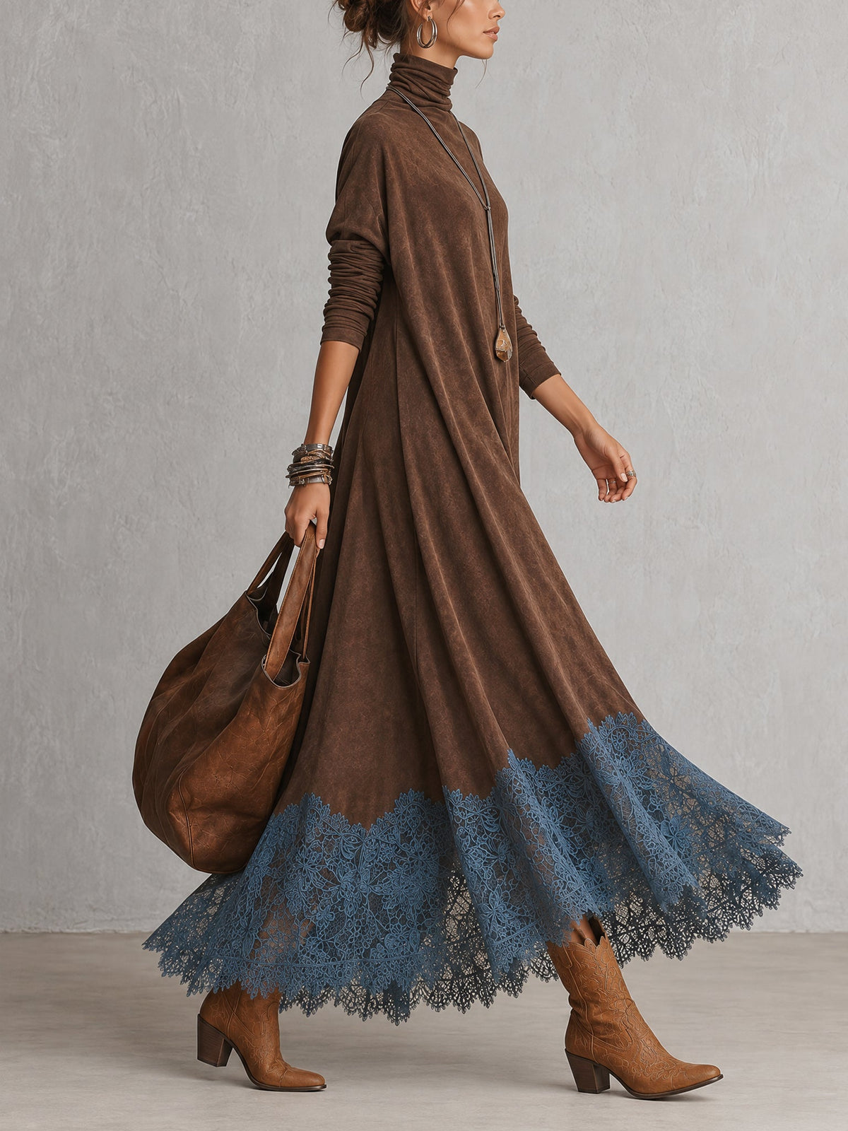 Vestido Largo Vintage de Efecto Ante con Bajo de Encaje y Manga Larga