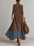 Vestido Largo Vintage de Efecto Ante con Bajo de Encaje y Manga Larga