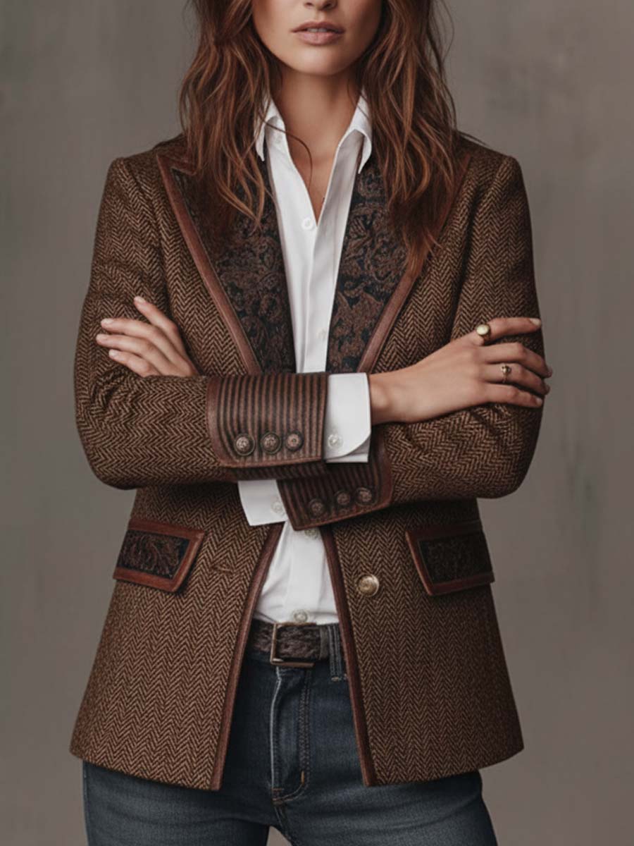 Albina | Blazer con Panel de Espiga y Ribetes en Contraste