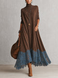 Vestido Largo Vintage de Efecto Ante con Bajo de Encaje y Manga Larga - Marrón