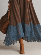 Vestido Largo Vintage de Efecto Ante con Bajo de Encaje y Manga Larga