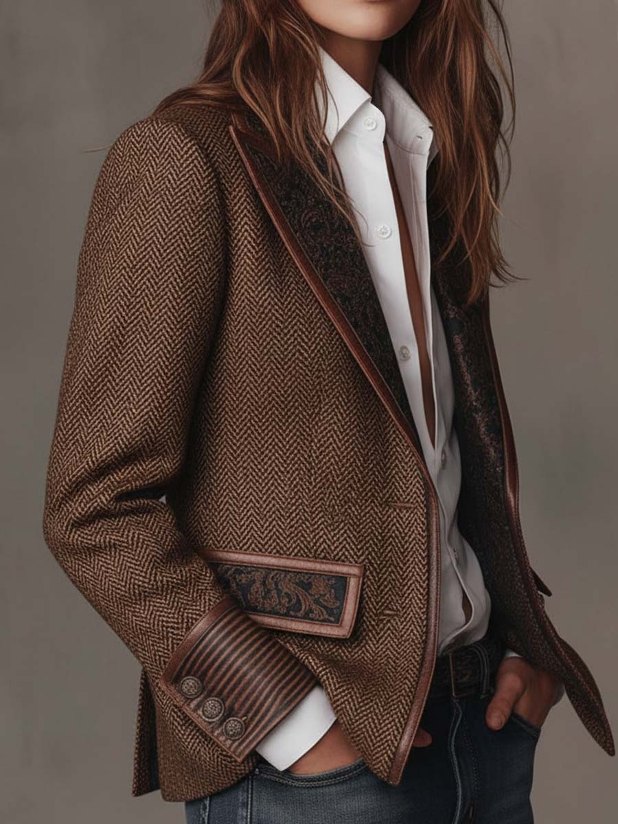 Albina | Blazer con Panel de Espiga y Ribetes en Contraste