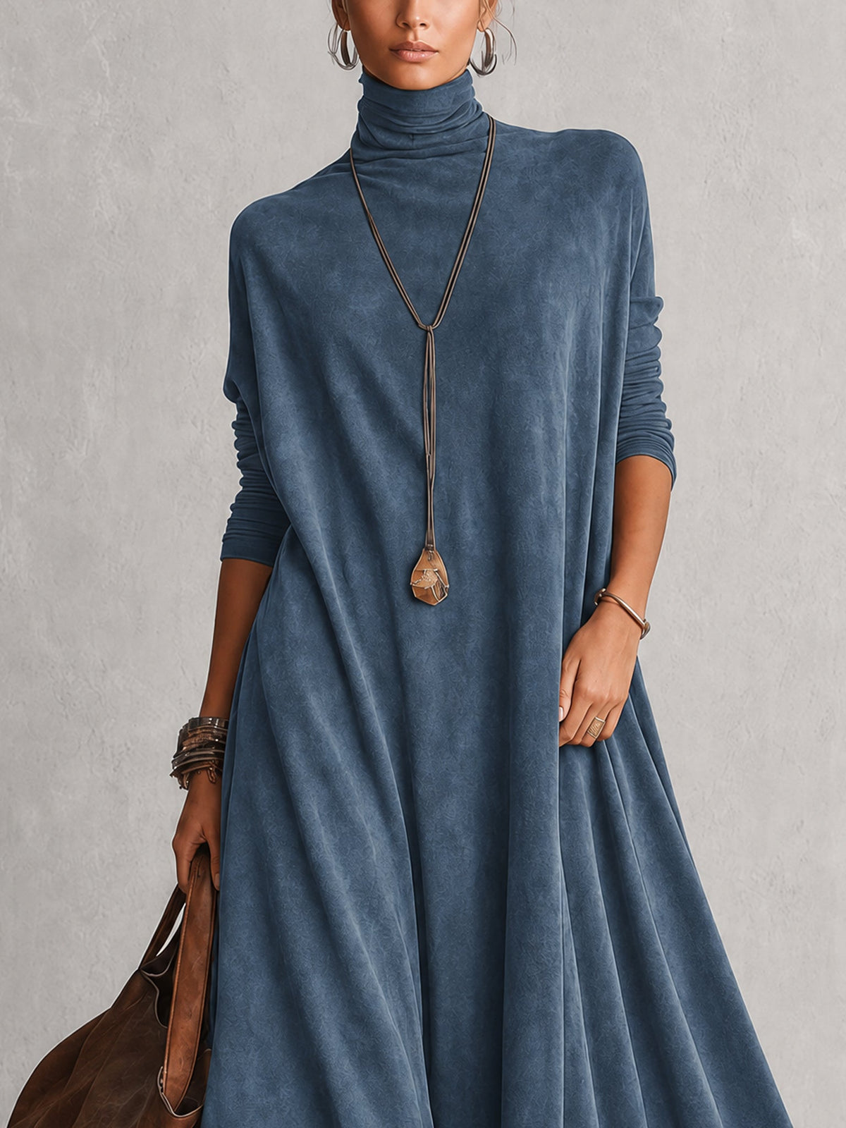 Vestido Largo Vintage de Efecto Ante con Bajo de Encaje y Manga Larga