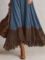 Vestido Largo Vintage de Efecto Ante con Bajo de Encaje y Manga Larga