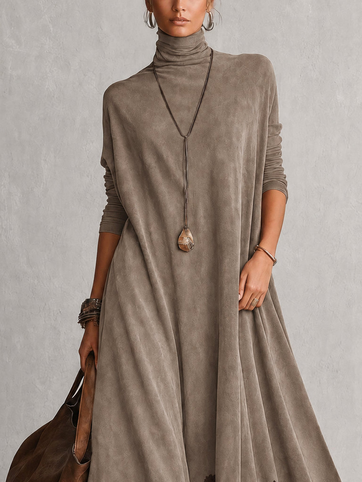 Vestido Largo Vintage de Efecto Ante con Bajo de Encaje y Manga Larga