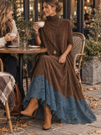 Vestido Largo Vintage de Efecto Ante con Bajo de Encaje y Manga Larga