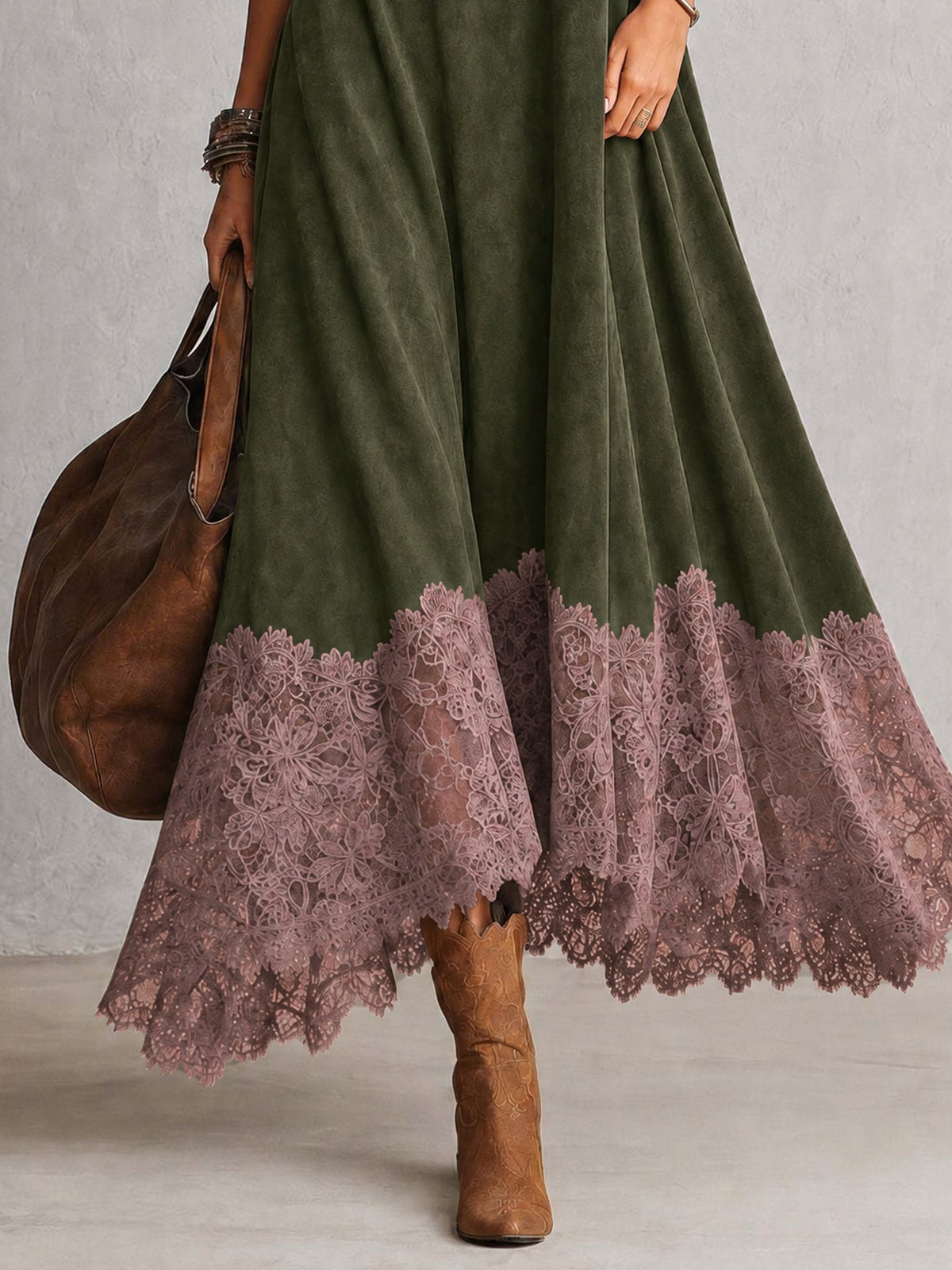 Vestido Largo Vintage de Efecto Ante con Bajo de Encaje y Manga Larga