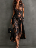 Adele | Vestido Midi Cruzado con Estampado Abstracto en Marrón