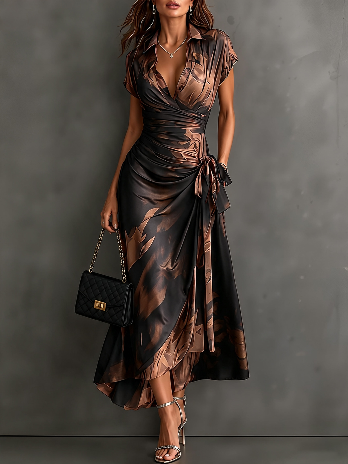 Adele | Vestido Midi Cruzado con Estampado Abstracto en Marrón