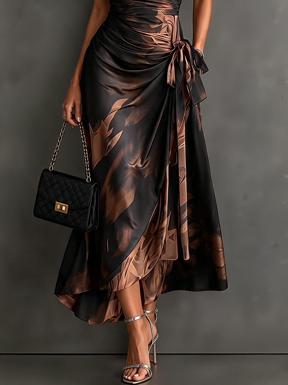 Adele | Vestido Midi Cruzado con Estampado Abstracto en Marrón