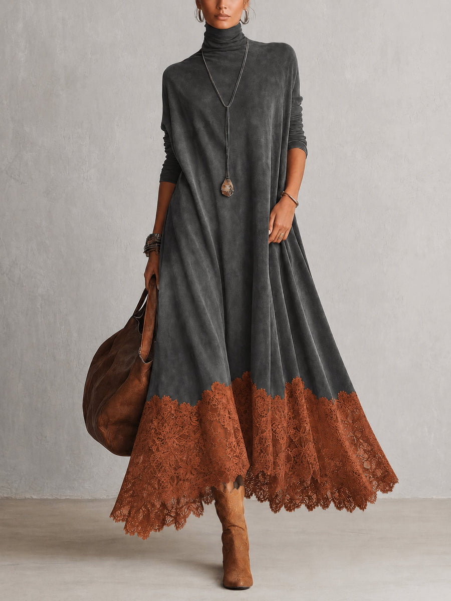 Vestido Largo Vintage de Efecto Ante con Bajo de Encaje y Manga Larga - Gris