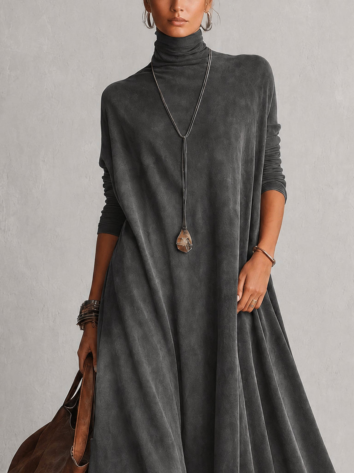 Vestido Largo Vintage de Efecto Ante con Bajo de Encaje y Manga Larga