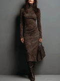 Barbara | Vestido Midi Marrón de Cuello Alto - Marrón