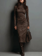 Barbara | Vestido Midi Marrón de Cuello Alto - Marrón