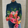 Eva | Jersey de Cuello Alto con Flores Pintadas - Azul marino floral