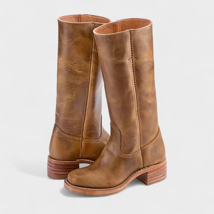 Greta | Botas Altas de Piel Envejecida sin Cremallera - Marrón claro