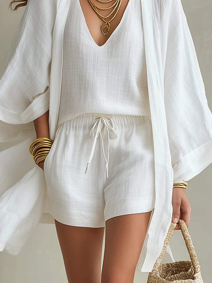 Samantha | Conjunto de Tres Piezas con Cárdigan Holgado, Top y Short con Cordón