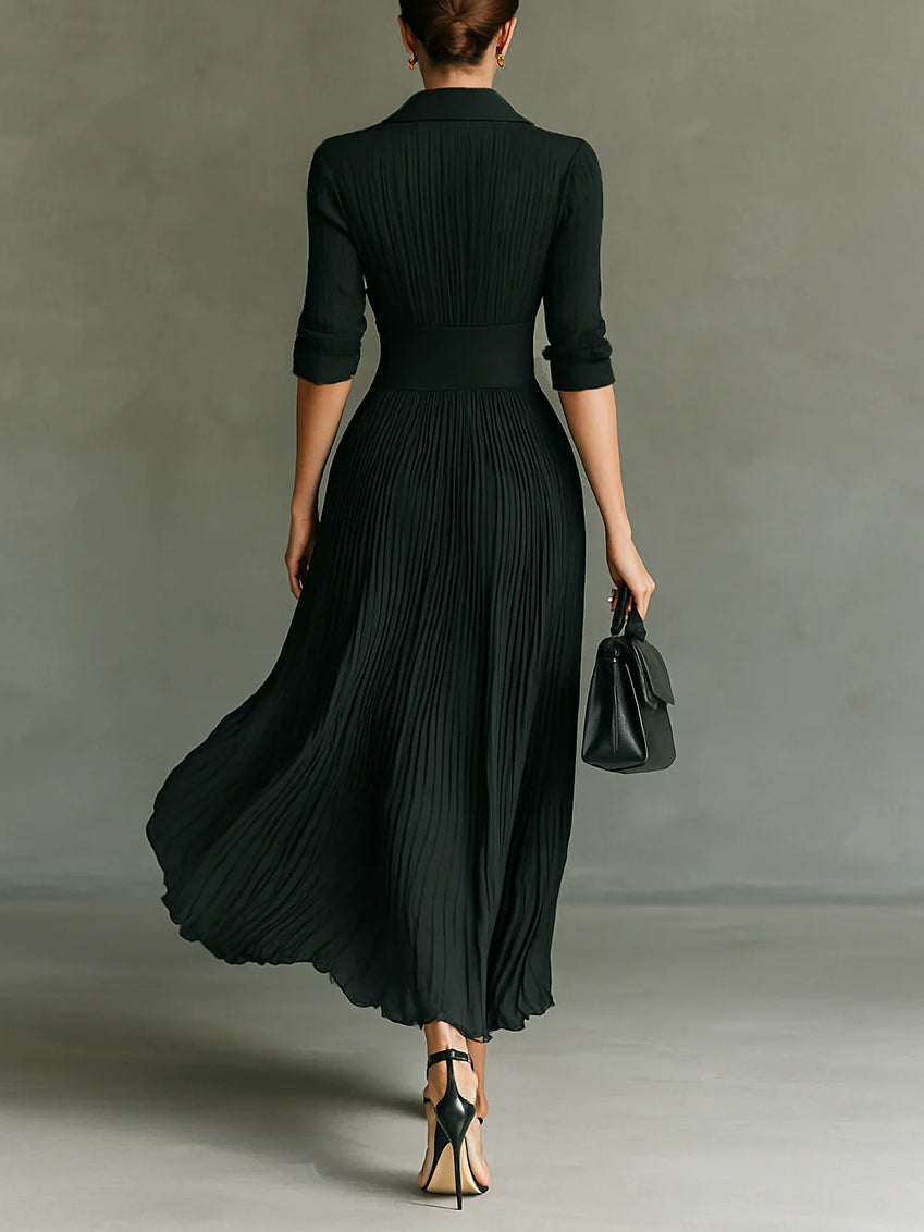 Luisa | Vestido Largo Plisado con Solapa y Cintura Alta