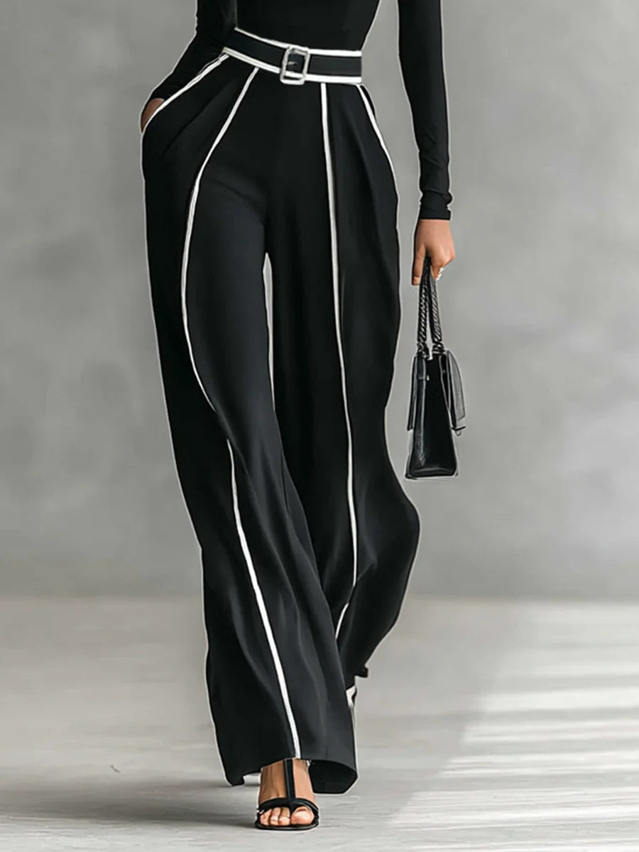 Jolanda | Conjunto de Jersey de Cuello Alto con Ribete Blanco y Pantalón Ancho con Cinturón