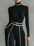 Jolanda | Conjunto de Jersey de Cuello Alto con Ribete Blanco y Pantalón Ancho con Cinturón
