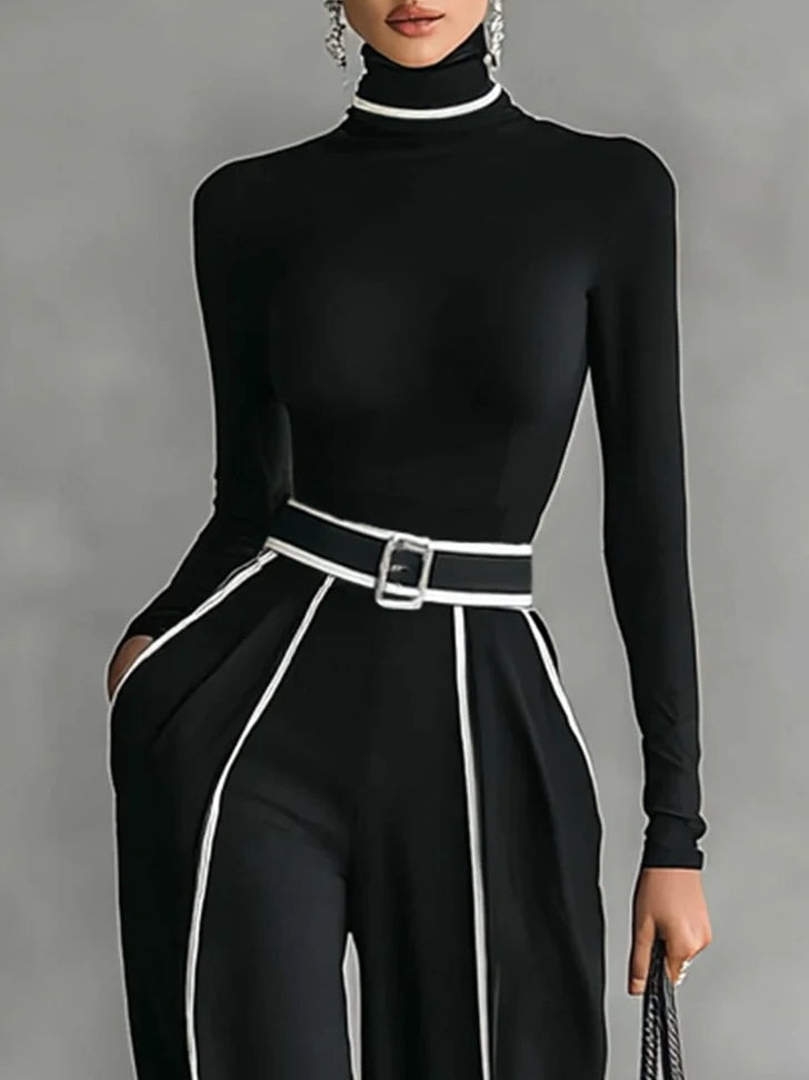Jolanda | Conjunto de Jersey de Cuello Alto con Ribete Blanco y Pantalón Ancho con Cinturón