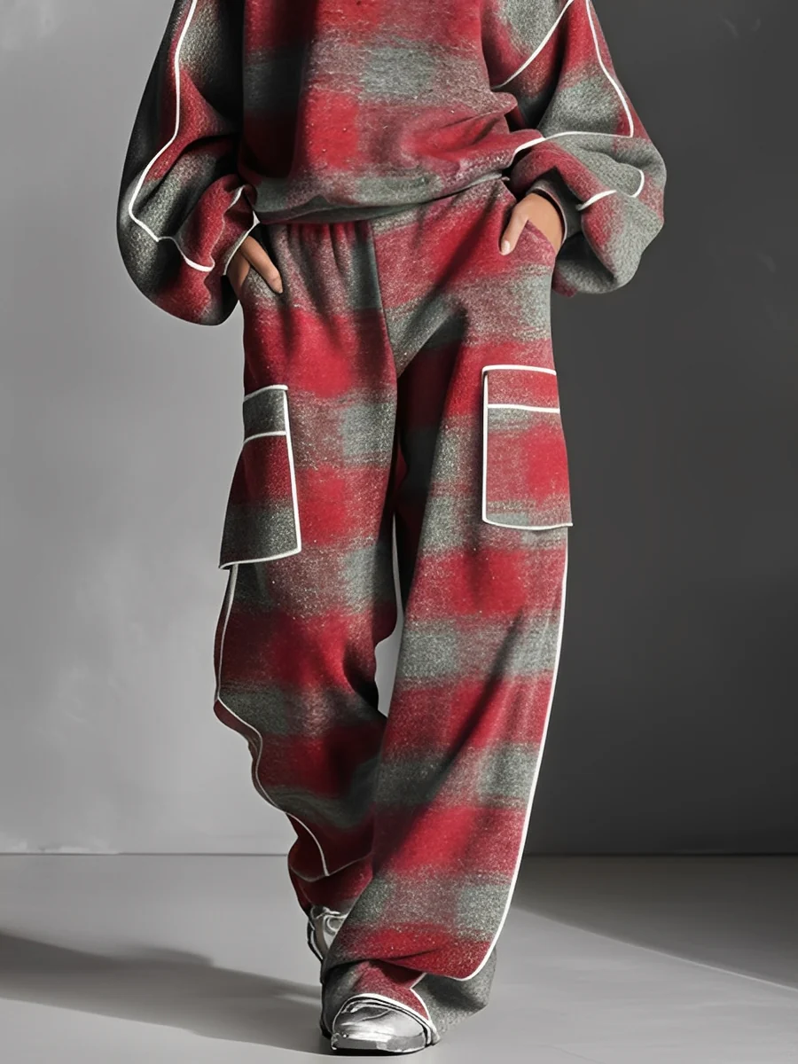 Rosanna | Conjunto de Sudadera y Pantalón de Cuadros Rojo y Gris con Ribetes