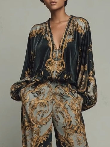 Selene | Conjunto Barroco de Terciopelo con Top y Pantalón Ancho Estampado