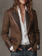 Albina | Blazer con Panel de Espiga y Ribetes en Contraste - Marrón