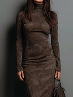 Barbara | Vestido Midi Marrón de Cuello Alto
