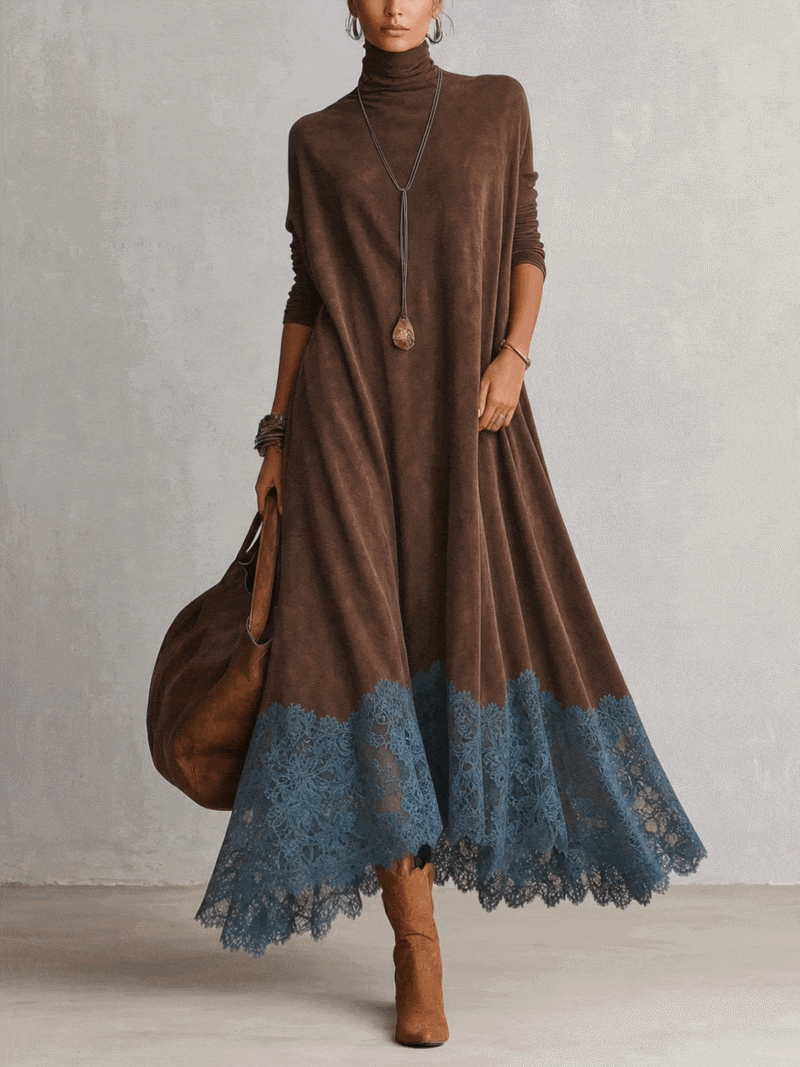 Vestido Largo Vintage de Efecto Ante con Bajo de Encaje y Manga Larga