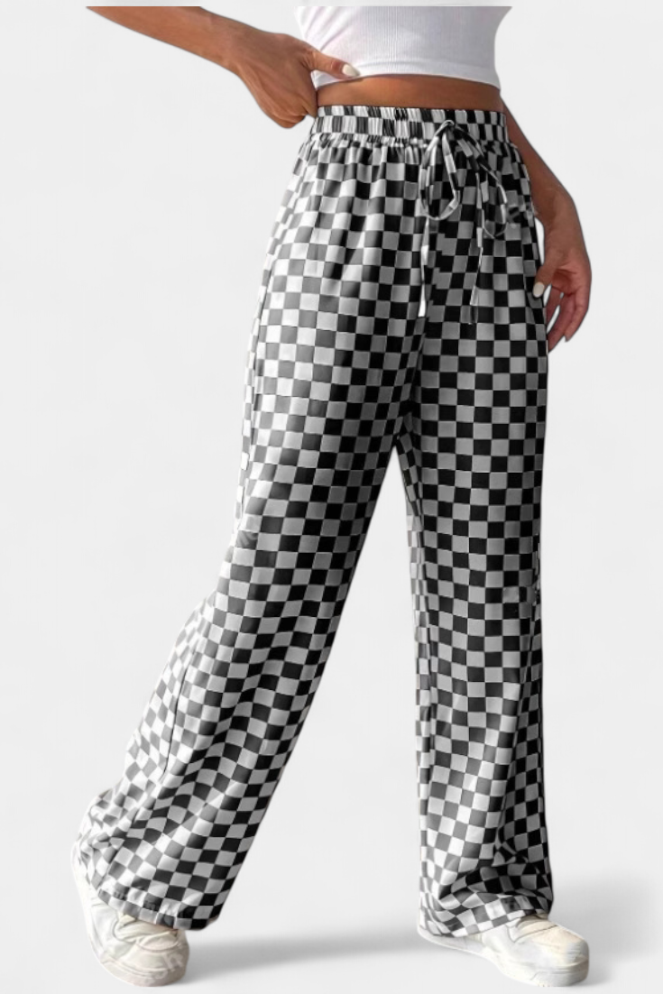 Hilaria Pantalones de Pierna Ancha con Estampado a Cuadros