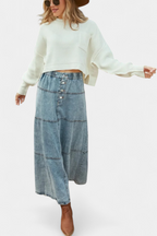 Lorraine Falda Maxi de Denim con Detalle de Pluma